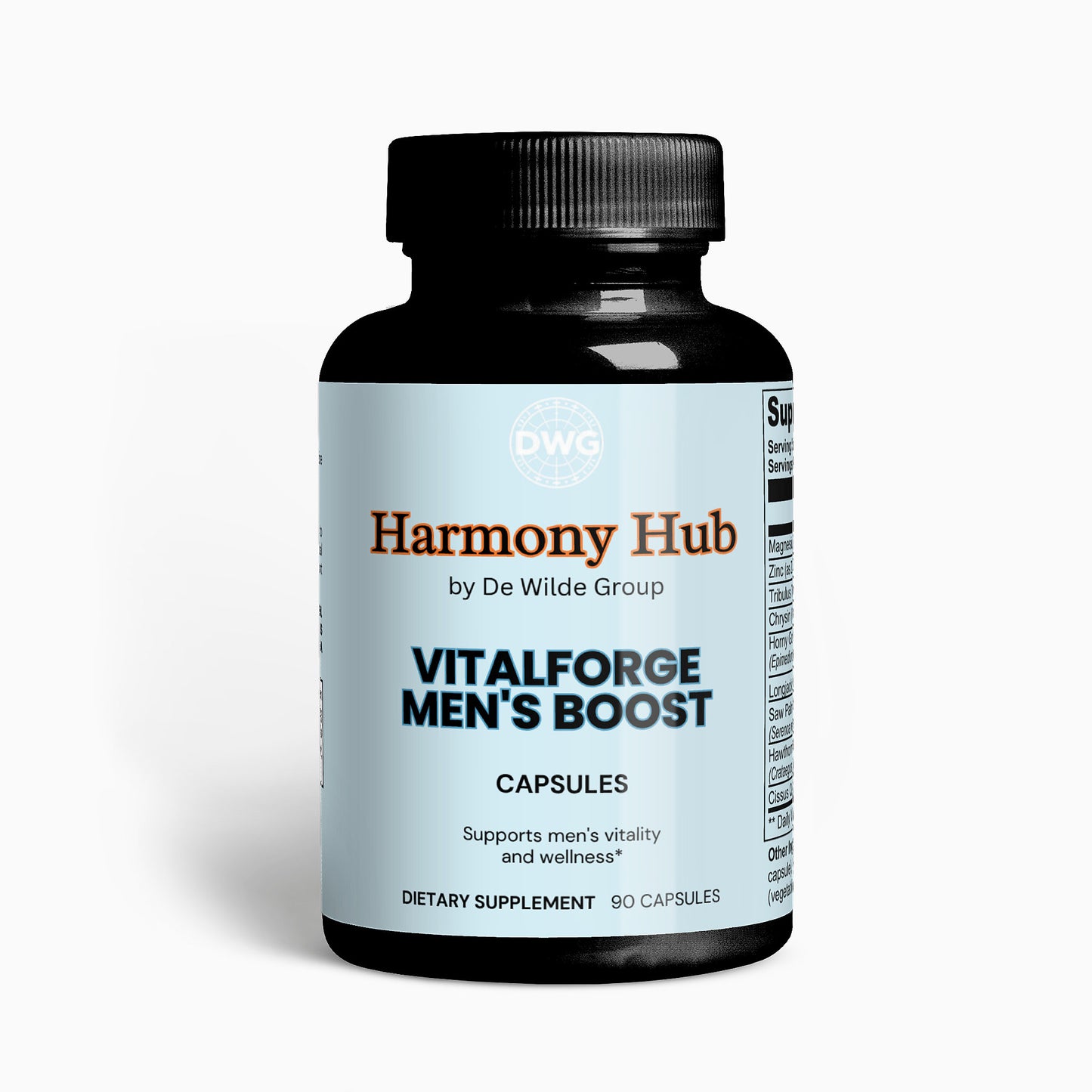 Supplement bottle labeled 'Harmony Hub Vitalforge Men's Boost' on a white background