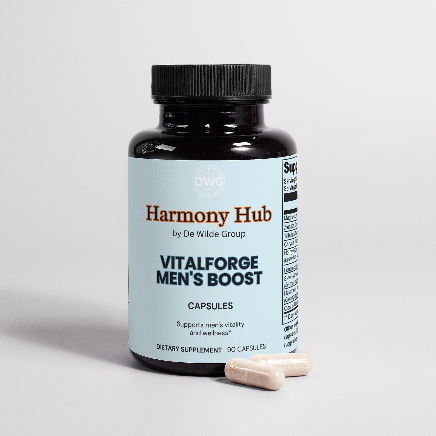 Supplement bottle labeled 'Harmony Hub Vitalforge Men's Boost' on a light gray background , testosterone booster
