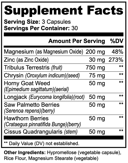 Supplement facts label with various ingredients and their amounts per serving.