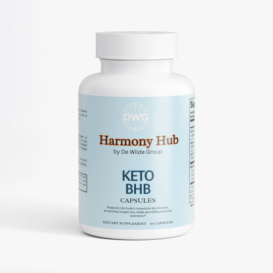 Supplement bottle labeled 'Harmony Hub Keto BHB Capsules' on a white background