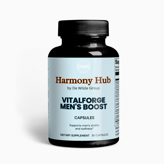 Supplement bottle labeled 'Harmony Hub Vitalforge Men's Boost' on a white background